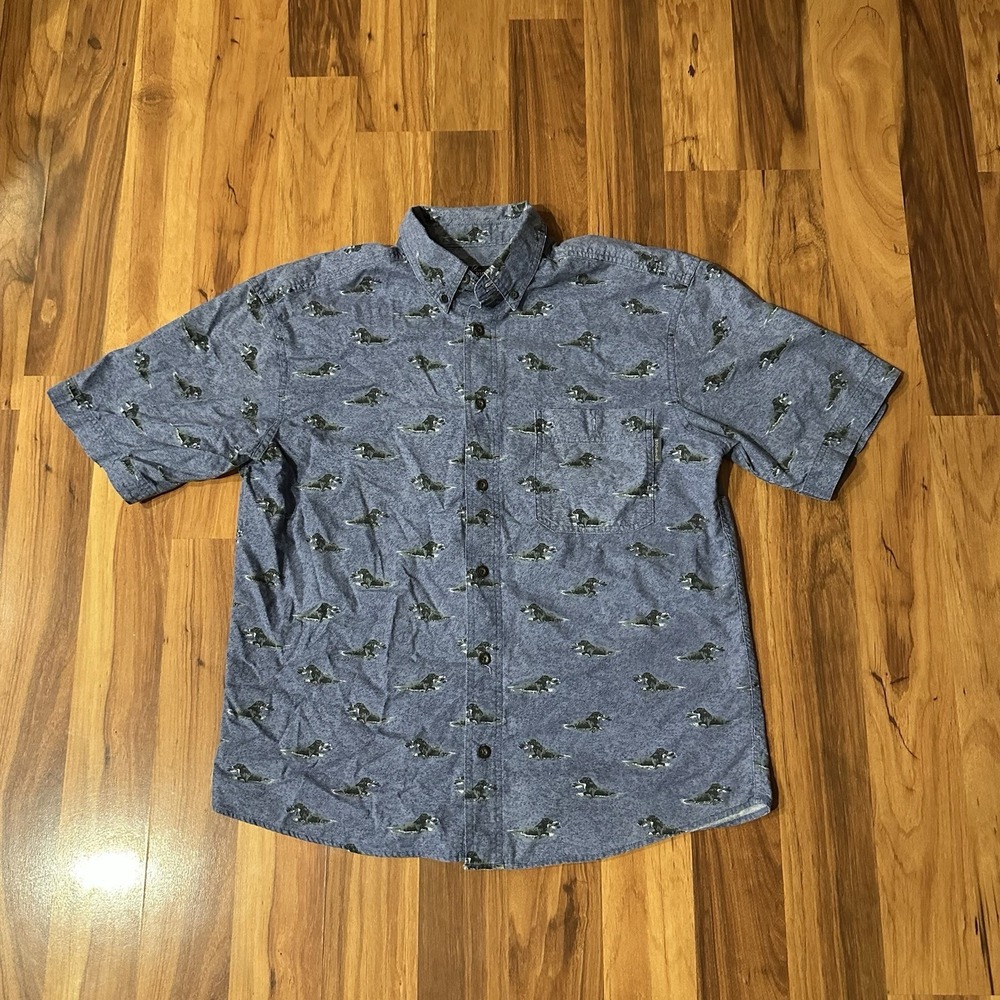Woolrich Men's Sz M Short Sleeve Button Down Blue Shirt All Over Bird Dog Hunter